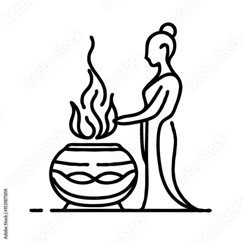 Woman performing Buddhist cremation ritual beside ceremonial fire  