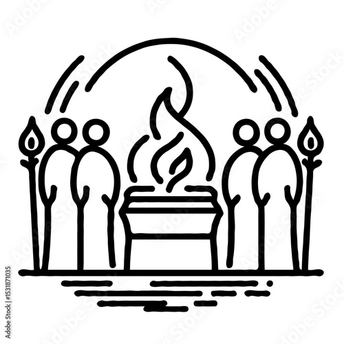 Line drawing of a cremation ceremony with figures and flames  