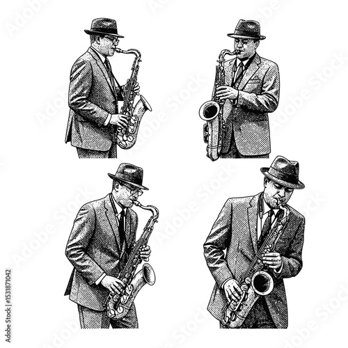 Four Stylish Saxophonists in Vintage Suits and Hats