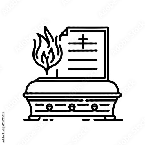 Cremation certificate icon with flame and casket design