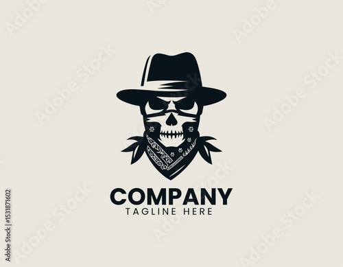 Stylized Male Face Black Hat White Skull Bandana Edgy Vector Logo Design
