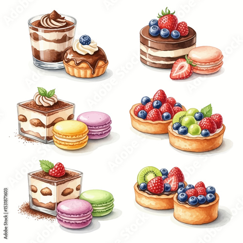 Watercolor Desserts: Exquisite Cakes, Tarts, Macarons, and Tiramisu Delights.