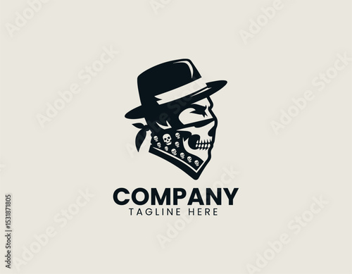 Stylized Male Face Black Hat White Skull Bandana Edgy Vector Logo Design
