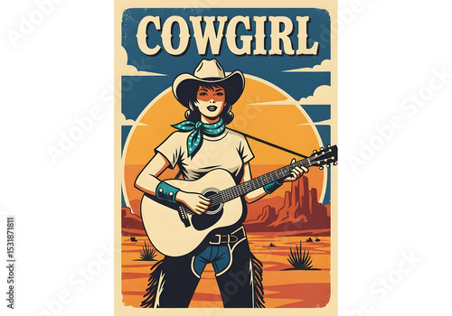 Vintage graphic of a guitar playing cowgirl with the quote A singing cowgirl in a Western world embodying retro charm without text.
