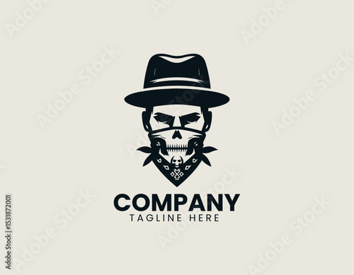 Stylized Male Face Black Hat White Skull Bandana Edgy Vector Logo Design