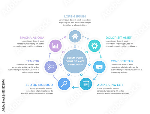 Modern circular diagram infographic with seven connected steps, vector eps10 illustration