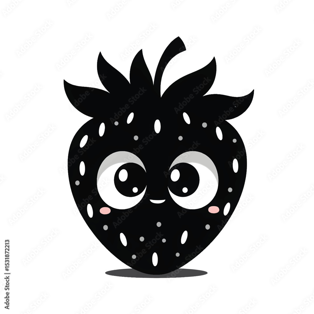 Obraz premium Cartoon Strawberry Black Silhouette Vector with Big Eyes and Leafy Crown on White Background