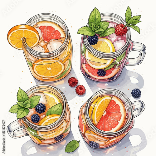 Refreshing citrus and berry infused water in mason jar mugs, top-down view