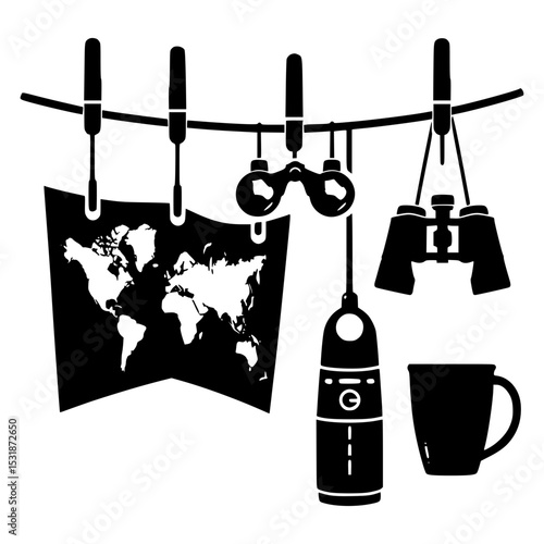 World map travel adventure items hanging on a line