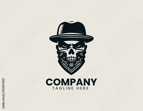 Stylized Male Face Black Hat White Skull Bandana Edgy Vector Logo Design