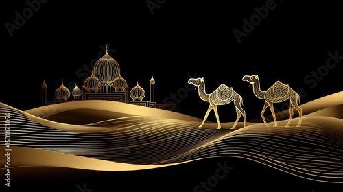 Gold camels and mosque on desert waves