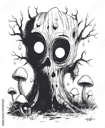 Unique Artistic Illustration of a Skull Tree Surrounded by Mushrooms