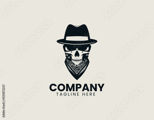 Stylized Male Face Black Hat White Skull Bandana Edgy Vector Logo Design