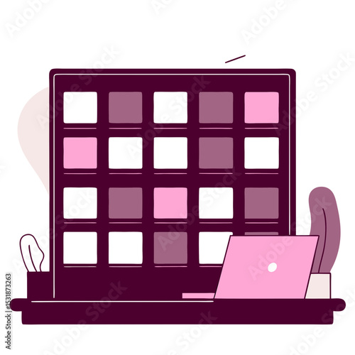 Professional flat lay of multicolored sticky notes arranged neatly on a wooden table with an inactive laptop in the background, soft natural lighting
