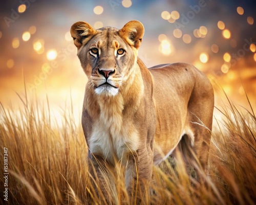 Adult and cub lions in the wild grass, a portrait of nature's feline predators