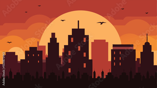  flat sunset city skyline with building silhouettes 