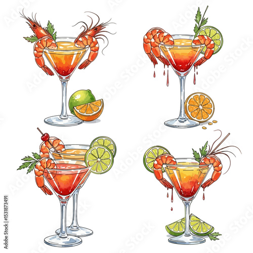 Four Colorful Shrimp Cocktails with Citrus and Drizzle