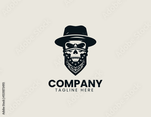 Stylized Male Face Black Hat White Skull Bandana Edgy Vector Logo Design