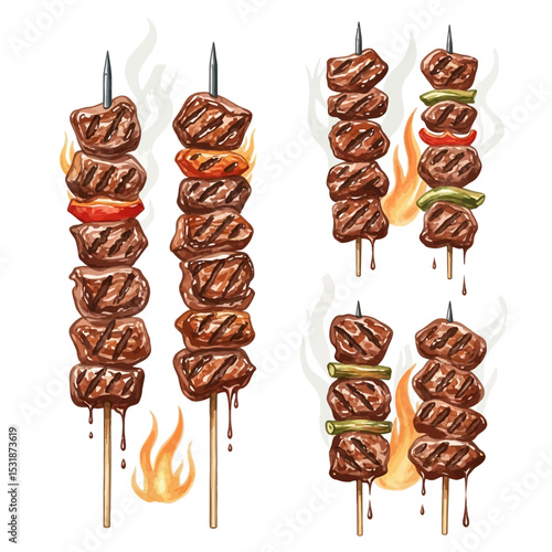 Watercolor Skewers of Grilled Meat and Vegetables with Flames.