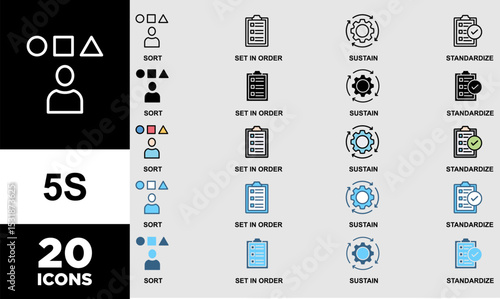 5S icon set with various styles and colors of 5s banner web icon vector illustration for lean manufacturing methodology of cleaning organization system with sort, set in order, shine, standardize, and