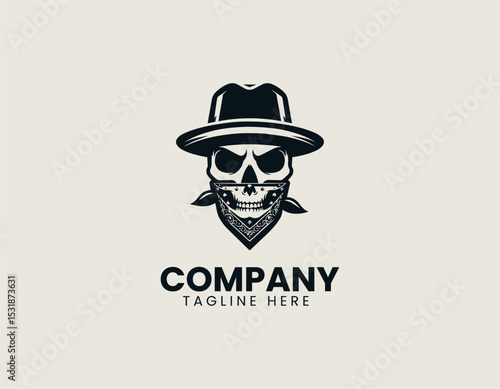 Stylized Male Face Black Hat White Skull Bandana Edgy Vector Logo Design