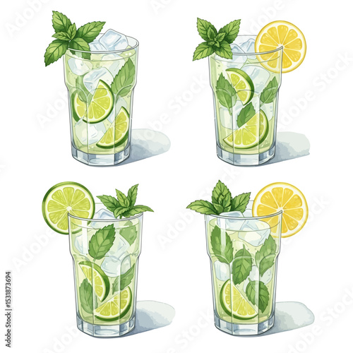 Four Refreshing Mojito Cocktails in Detailed Watercolor Style