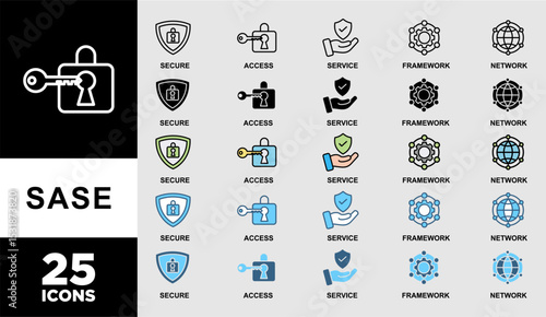 SASE icon set with various styles and colors of secure access service edge with icon of security, password, network, framework and support