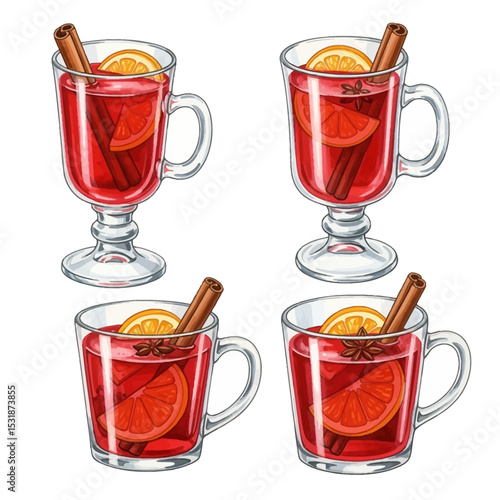 Four Illustrated Glasses of Mulled Wine with Orange and Cinnamon