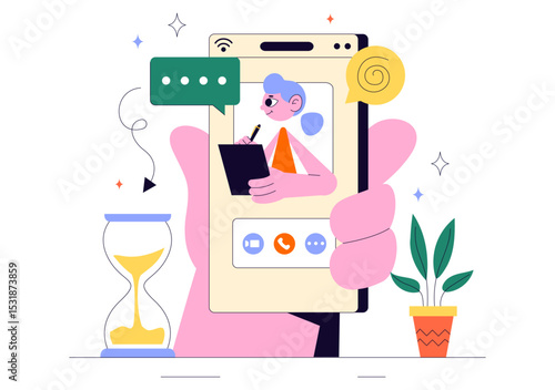 Online Therapist Consultation Vector Illustration Featuring Psychological Counseling and Practice via Smartphone Video Call on Screen in a Background