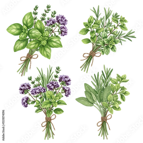 Watercolor Herb Bundles: Basil, Oregano, Rosemary, Sage, and Thyme.