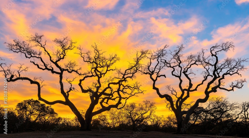 Silhouetted trees against a vibrant sunset Silhouetted trees against a vibrant sunset