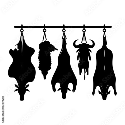 Butcher shop hanging meat silhouettes illustration