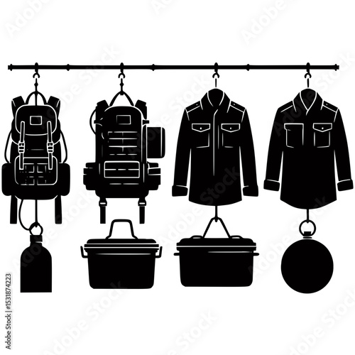 Essential camping gear hanging silhouette illustration