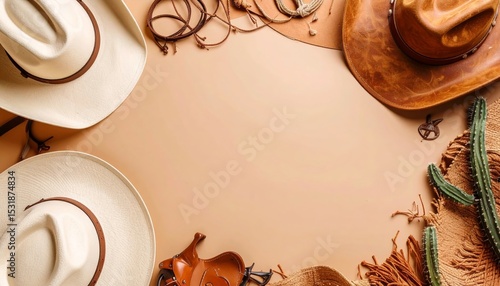 Wild West rodeo background with space for text, abstract flat lay design, minimalist and modern digital composition showcasing country and western elements