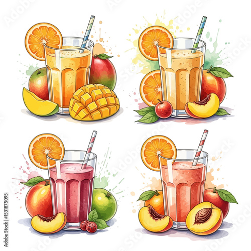 Four Colorful Fruit Smoothies with Vibrant Fruit Arrangements