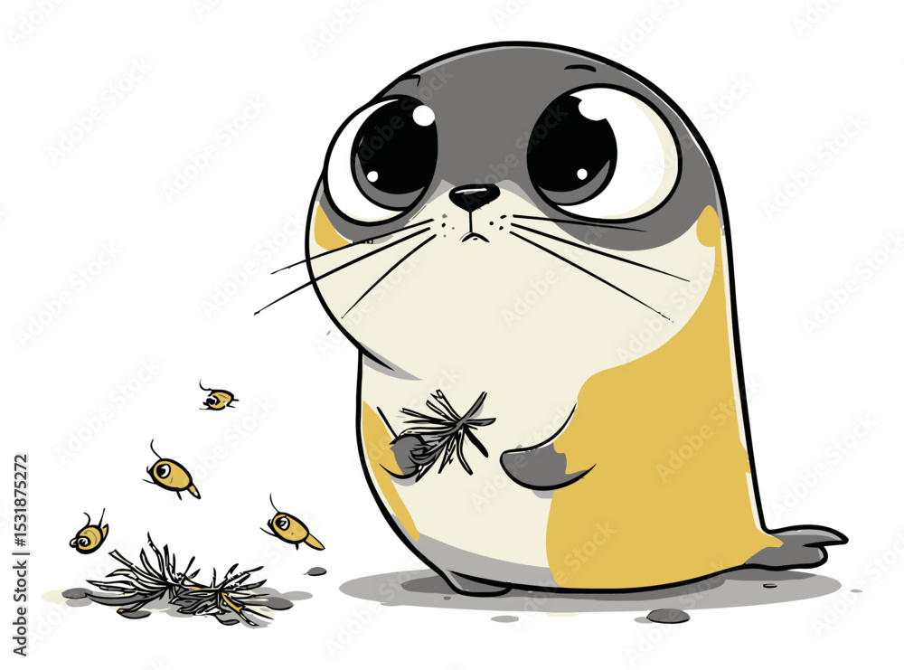 Obraz premium Cute Cartoon Seal with Big Eyes and Fish Vector Illustration