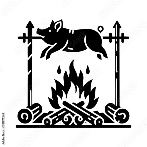 Roasted pig on a spit over an open fire