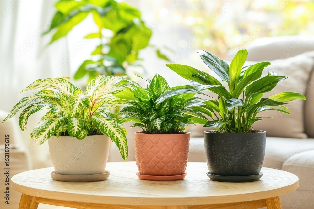 Three potted plants on a round table, a serene indoor scene Three potted plants on a round table, a serene indoor scene