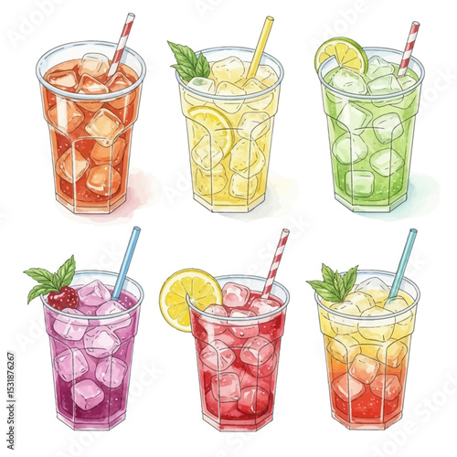 Six Watercolor Illustrations of Iced Summer Drinks