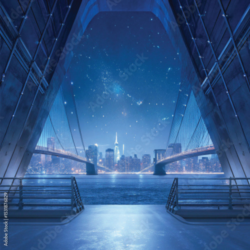 Futuristic city scape with light under starry sky.