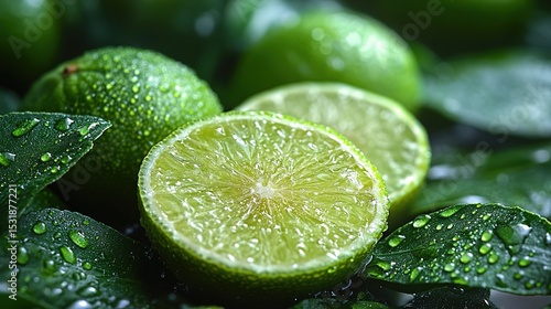Whole green lemon and green lemon slices with water drops