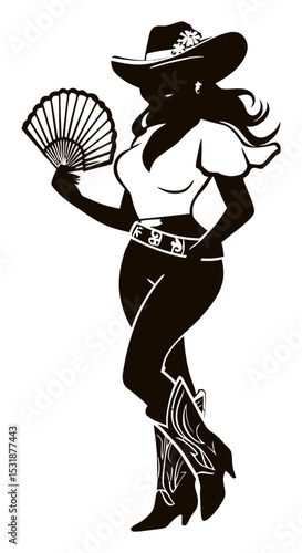 Elegant Silhouette of a Woman with Fan in Cowboy Attire and Hat
