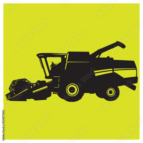 Silhouetted black combine harvester on a vibrant yellow background agricultural illustration