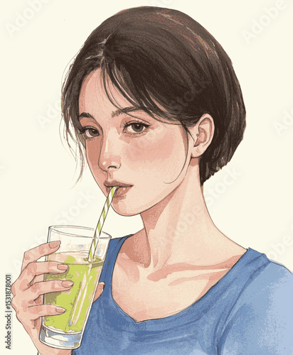 Juice Bloom Woman drinking smoothie isolated watercolor vector illustration svg