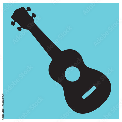Simple black silhouette of a ukulele against a light blue background for music concepts