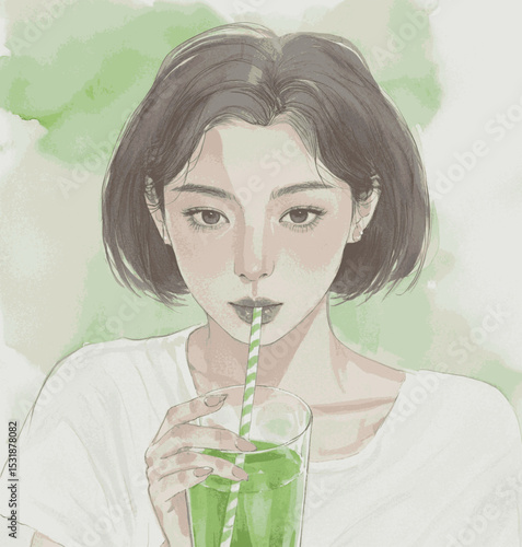 Berry Flow Woman drinking smoothie isolated watercolor vector illustration svg