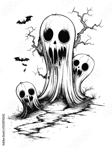 Spooky Ghosts Emerge from Haunted Tree in Creepy Halloween Illustration