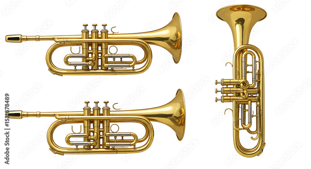 Fototapeta premium Three golden trumpets isolated background