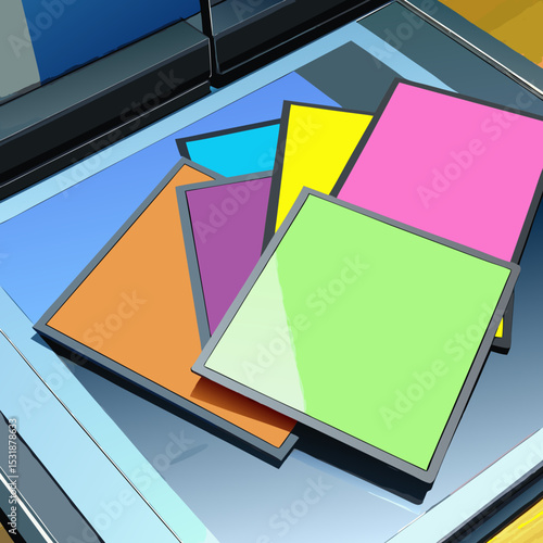 Professional flat lay of multicolored sticky notes arranged neatly on a wooden table with an inactive laptop in the background, soft natural lighting
