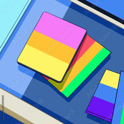 Professional flat lay of multicolored sticky notes arranged neatly on a wooden table with an inactive laptop in the background, soft natural lighting
